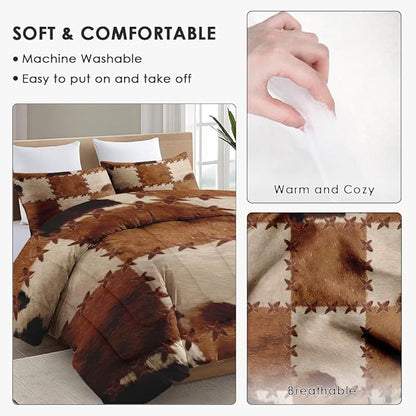 King Size Comforter Set with 2 Pillowcases, Vintage Rustic Cow Soft 3 Pcs Bedding for Kids and Adults Bedroom Bed Decor