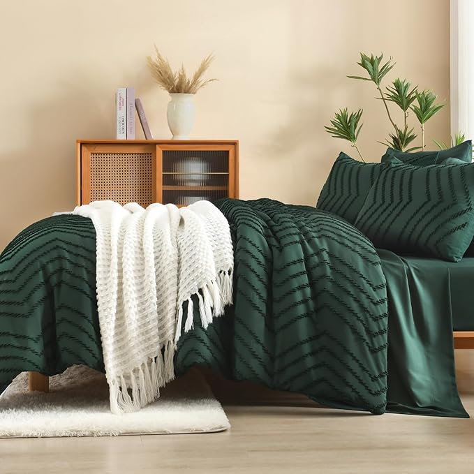 Litanika California King Comforter Set with Sheets Emerald Green - 7 Pieces Cal King Bed in a Bag Chevron Tufted Complete Bedding Sets with Comforter, Sheets, Pillowcases & Shams