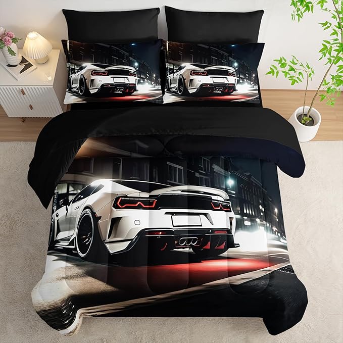 Sports Car Comforter Set Twin Size 7PCS, White Racing Car Bed Set Light White Racing Car Bedding Set 7 Piece in A Bag,Bed Sheet Set Racing Car Decor,Microfiber Lightweight All Season