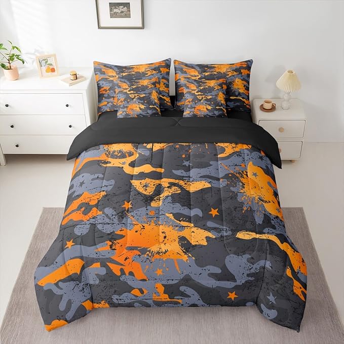 Erosebridal Camo King Comforter Set Graffiti 7-Piece Bed in A Bag Watercolor Grunge Ink Splash Ombre Sheets and Pillowcases Grey Orange Bed Sets