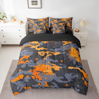 Erosebridal Camo King Comforter Set Graffiti 7-Piece Bed in A Bag Watercolor Grunge Ink Splash Ombre Sheets and Pillowcases Grey Orange Bed Sets