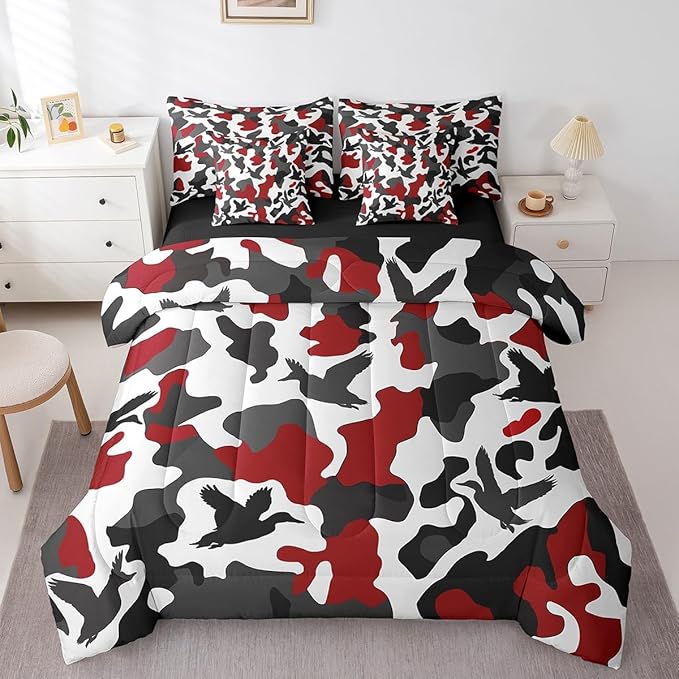Erosebridal Duck Hunter 7 Piece Comforter Set Twin Size Camo Bedding for Kids Boys Army Camouflage Hunting Bed in A Bag Sheet Set Vintage Red Black Room Decor Wild Animal Duck Rustic Bed Set