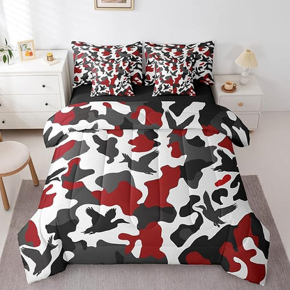 Erosebridal Duck Hunter 7 Piece Comforter Set Twin Size Camo Bedding for Kids Boys Army Camouflage Hunting Bed in A Bag Sheet Set Vintage Red Black Room Decor Wild Animal Duck Rustic Bed Set