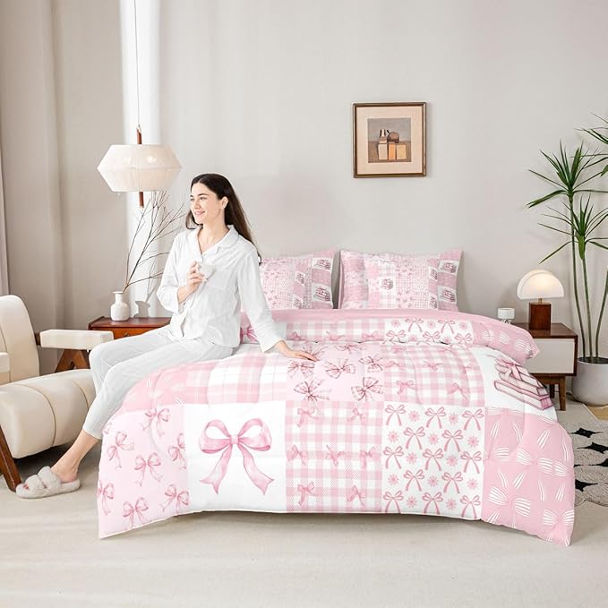 Feelyou Pink Bow Comforter Set King Size 7 Pieces Cute Bowknot Bedding Set for Kids Boys Girls Princess Bow Bed in a Bag with Comforter, Sheets, Pillowcases, Cushion Covers Kawaii Bedroom Decor