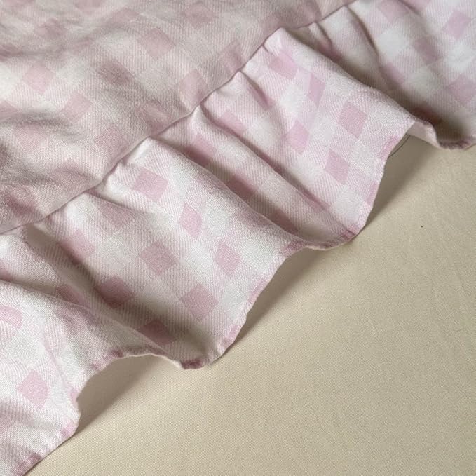 NSNLGSGC Pink Ruffle Gingham Comforter Set Queen, Pre-Washed Ruffled Plaid Checked Comforter Bedding, 3 Pieces Vintage Farmhouse Grid Bedding Set(Pink Gingham, Queen)