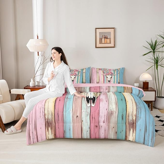 Erosebridal Bull Skull 7 Piece Comforter Set Twin Girly Pink Cowgirls Bedding Sets Sugar Skull Rose Flowers Bed in A Bag Animals Skeleton Floral Quilt Rustic Farmhouse Wooden Board Sheet Set