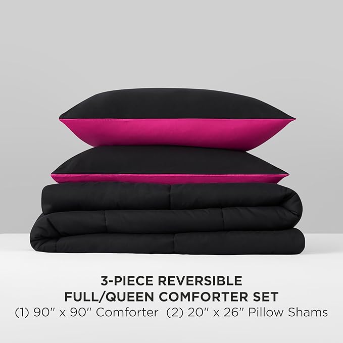 Reversible Box Stitch Comforter Set, 3-Piece Full/Queen – Hot Pink/Black – Stylish Bedding Set