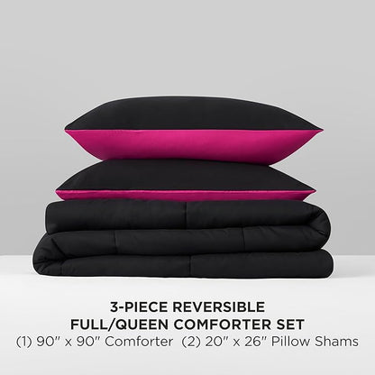 Reversible Box Stitch Comforter Set, 3-Piece Full/Queen – Hot Pink/Black – Stylish Bedding Set