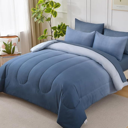 Anibedding King Size Comforter Set - 7 Pieces Soft Gradient Blue Bed in a Bag with Fitted Sheet, Flat Sheet, 2 Pillow Shams, and 2 Pillowcases - Warm Bed Set for All Season