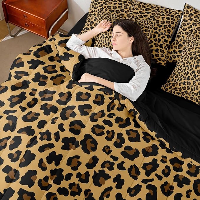 Erosebridal Gold Black Leopard Print King 7-Piece Comforter Set | Animal Skin Pattern Sheets and Pillowcases Cheetah Fur Bed in A Bag Women Men Adults Bed Sets