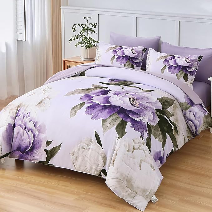 Dobuyly Purple King Size Comforter Set 7 Piece Bed in a Bag, Floral Printed on Light Purple Comforter Set with Sheets, Soft Microfiber Complete Bedding Set