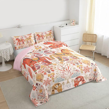 Flower Horse Comforter Set Twin Size,Rustic Farmhouse Bedding Sets 2Pcs for Kids Girls Boys Women Room Decor,Boho Squirrel Bird Quilted Duvet Xmas Bells Snowflake Down Comforter,1 Pillowcase