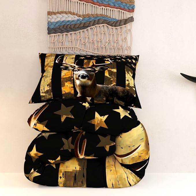 Deer Hunting Comforter Sets for Kids Adults,3D American Flag Pattern with Bright Colors,Decorative Bedding Comforter Sets with 2 Pillow Shams, Twin Size