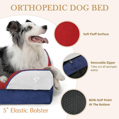 Comfort Expression Orthopedic Dog Bed for Large Dogs 36x27 Inch, Waterproof Egg Crate Foam Large Pet Bed with Removable Bolsters, Dog Couch with Washable Cover & Non-Slip Bottom, Primary Tri-Color