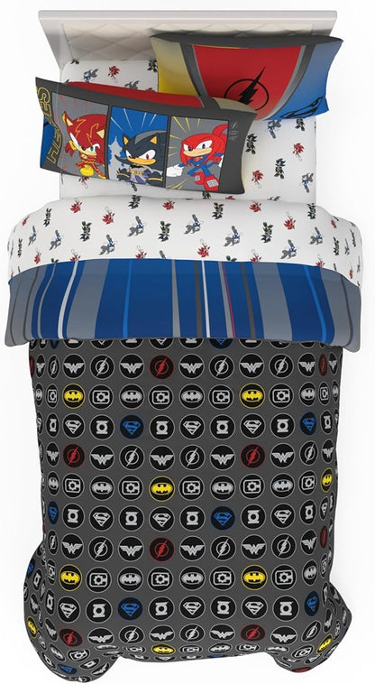 DC x Sonic The Hedgehog Kids Bedding Set, Twin Size, 4-Piece Super Soft Cozy Reversible Comforter & Sheet Set (Officially Licensed Product) by Franco | Durable, Reversible, Officially Licensed
