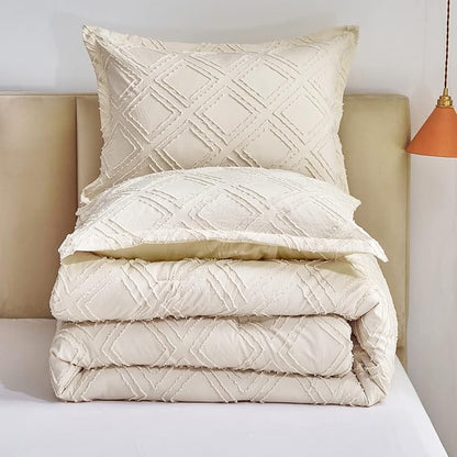 7 Pieces Tufted Bed in a Bag King Comforter Set with Sheets Beige, Soft and Embroidery Shabby Chic Boho Bohemian, Luxury Solid Color with Diamond Pattern, Jacquard Tufts Bedding Set for All Season