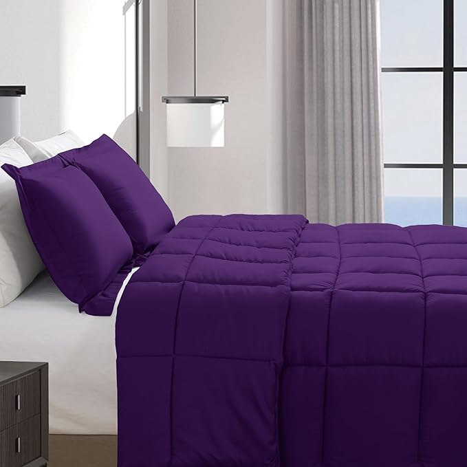 Elegant Comfort 3-Piece Box Stitched Down Alternative Comforter with Shams - Ultra Soft for All Season Duvet Insert with Corner Tabs, Plush Cozy 3PC Comforter Set, Queen, Purple