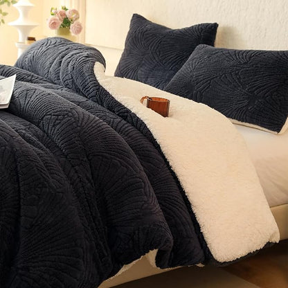 Seashell Jacquard Sherpa Comforter Set Warm Cozy Premium Bedding 2 Pieces, Twin Size Geometric Pattern Quilt Comforter with 1 Pillowcases(68"X90" Grey)