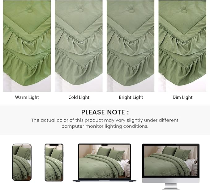 Bedding_Dreamer Sage Green Queen Size Comforter Set, 3-Piece Shabby Chic Ruffle Bedding, Soft Microfiber Boho Farmhouse Comforter for All Seasons