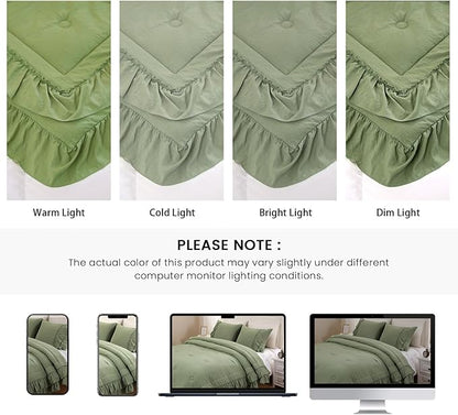 Bedding_Dreamer Sage Green Queen Size Comforter Set, 3-Piece Shabby Chic Ruffle Bedding, Soft Microfiber Boho Farmhouse Comforter for All Seasons