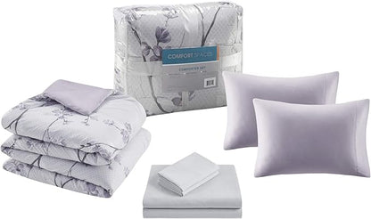 Comfort Spaces Bed in A Bag - Trendy Casual Design Cozy Comforter with Complete Sheet Set with Side Pocket, All Season Cover, Matching Shams Queen(90"x90"), Kate, Grey/Purple 9 Piece