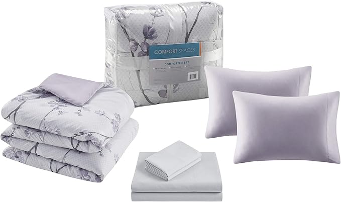 Comfort Spaces Bed in A Bag - Trendy Casual Design Cozy Comforter with Complete Sheet Set with Side Pocket, All Season Cover, Matching Shams King(104"x90"), Kate, Grey/Purple 9 Piece