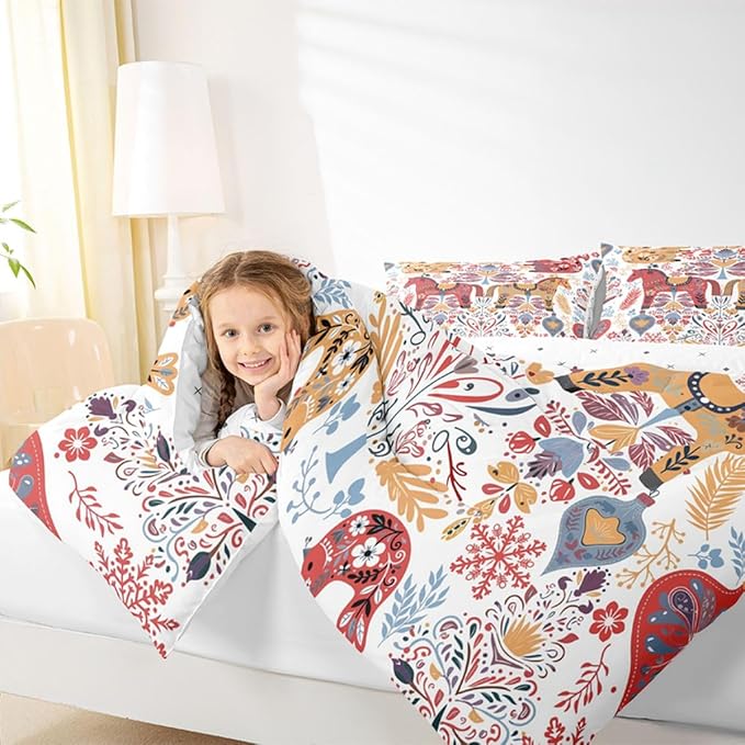 Bohemian Horse Comforter Set Full Size,Floral Bird Squirrel Bedding Sets 3Pcs for Kids Girls Boys Women Room Decor,Christmas Bells Snowflake Down Comforter Scandinavian Art Quilted Duvet,2 Pillowcases