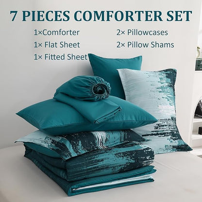 WONGS BEDDING Comforter Set King, Teal Green 7 Pieces Bed in a Bag Colorful Abstract Art Gradient Comforter Soft Microfiber Bedding Set with Comforter, Flat Sheet,Fitted Sheet,Pillow Shams,Pillowcases