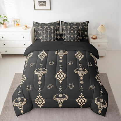 Erosebridal Aztec 7 Piece Bedding Set Twin Bull Skull Comforter Set with Sheets Western Arrow Cowboy Hat Dot Black Bed in a Bag Southwest Horseshoe Geometric for Teens Men Women
