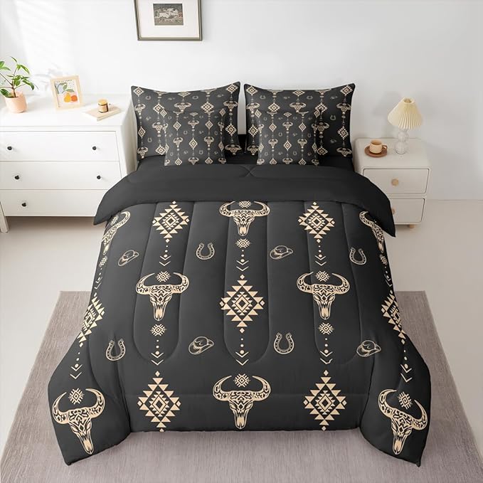 Erosebridal Aztec 7 Piece Bedding Set Queen Bull Skull Comforter Set with Sheets Western Arrow Cowboy Hat Dot Black Bed in a Bag Southwest Horseshoe Geometric for Teens Men Women