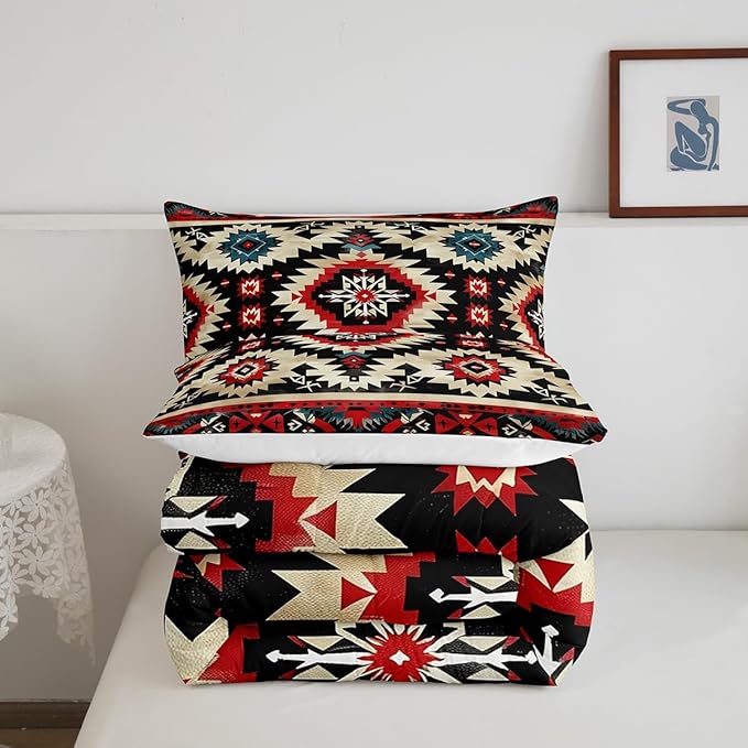 Feelyou Boho Comforter Set Toddler Size Southwest Native American Design Comforter Southwestern Geometric Bedding Set Western Decor Duvet Set Black Beige Quilt Set