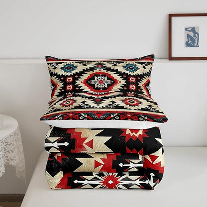Feelyou Boho Comforter Set King Size Southwest Native American Design Comforter Southwestern Geometric Bedding Set Western Decor Duvet Set Room Decor Black Beige Quilt Set