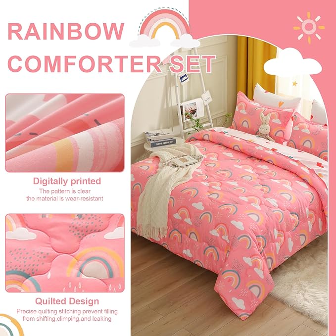 Twin Rainbow Comforter Set for Kids Girls Teens 7 Piece Pink Cloud Sun Pink Bed in a Bag 3D Cute Cartoon Love Hearts Bedding Set