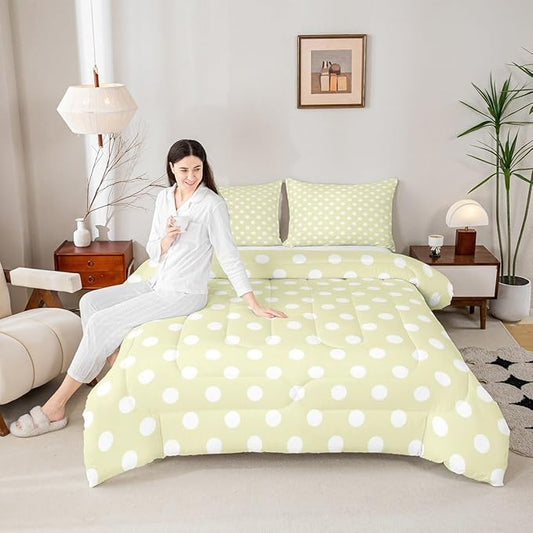 Manfei Polka Dots Comforter Set,Abstract Geometric Circles Simple Art Bedding Set for Adults Living Room,Cartoon French Style Dots Yellow Green White Quilt Set 3 Pcs with 2 Pillowcases,King