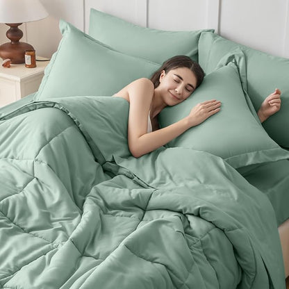 JOLLYVOGUE Full Comforter Set, Ultra-Soft Bed in a Bag Full Size 7 Pieces, Oeko-TEX Certified Bedding Set with Down Alternative Comforter, Sheets, Pillowcases & Shams, Sage Green