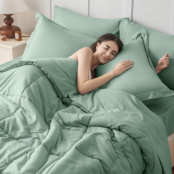 JOLLYVOGUE Queen Comforter Set, Ultra-Soft Bed in a Bag Queen Size 7 Pieces, Oeko-TEX Certified Bedding Set with Down Alternative Comforter, Sheets, Pillowcases & Shams, Sage Green