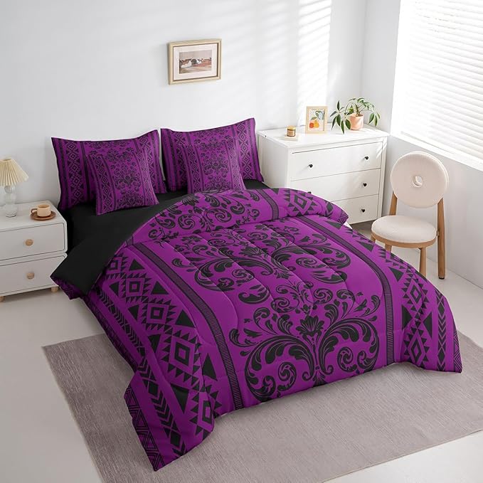 Comforter Set Twin Size, Purple Damask Aztec 7 Pcs Bedding for Kids and Adults, Antique Decor Western Baroque Gothic Bed Sheet Sets with Fitted Sheet 2 Pillowcases & 2 Shams for Bedroom Bed Decor