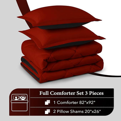 downluxe Full Size Comforter Set - Red and Black Full Comforter - Soft Bedding Sets for All Seasons -3 Pieces Comforter Set Full with 2 Reversible Pillow Shams