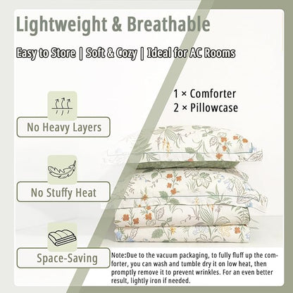Natural Cotton 3pcs Botanical Comforter Sets Queen Size-Green Comforter with Red & Blue Flowers,Gray Leaves on Off-White, Reversible Lightweight Bedding Sets(Full/Queen)