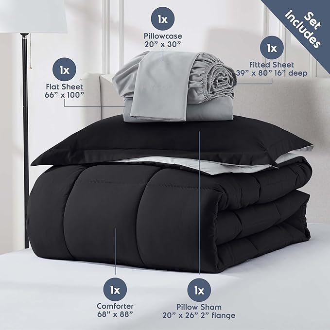 Nestl 5 Piece Twin XL Comforter Set – Black Reversible Bed in a Bag – Complete Twin XL Size Bedding Set with Sheets, Pillowcase and Sham