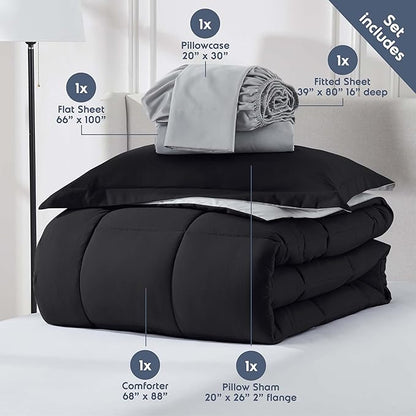 Nestl 5 Piece Twin XL Comforter Set – Black Reversible Bed in a Bag – Complete Twin XL Size Bedding Set with Sheets, Pillowcase and Sham