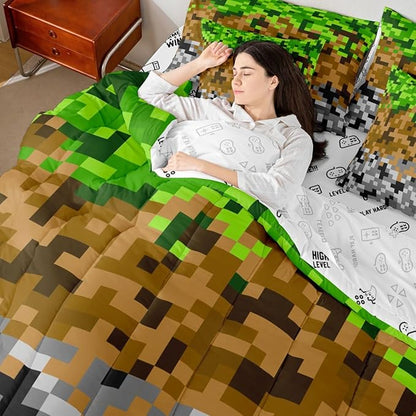 Pixelated Miners Gaming Bedding Sets Full Size,Green Brown Grey 7pcs Comforter Set Kids Boys Teens Room Decor,Geometric Block Flat + Fitted Sheet Construct Theme Games 2 Cushion Cover,2 Pillowcase
