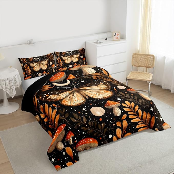Erosebridal Orange Mushroom Comforter Set King, Gothic Moth Bedding Set for Kids Boys Girls Adults Gothic Bedroom Decor, Butterfly Vintage Plants Comforter, Moon and Starry Star Black Quilt