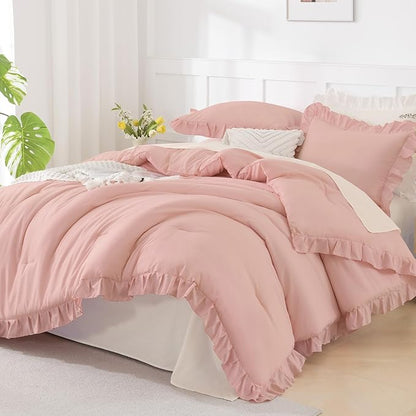 Andency Blush Pink Ruffle Comforter Queen, 3 Pieces Rustic Farmhouse Shabby Chic Comforter, All Season Soft Microfiber Down Alternative Bedding Comforter Set