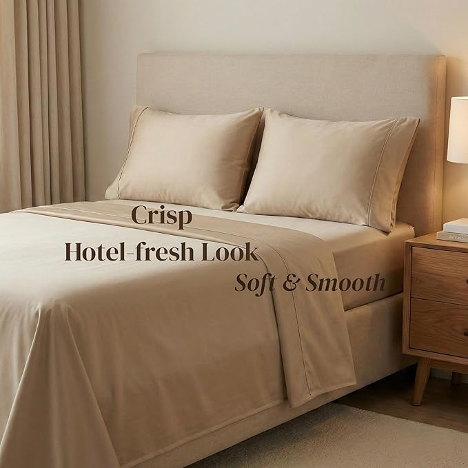 Beckham Hotel Collection 100% Cotton Pillow Cases King Size Set of 2, 500TC, Luxury Sateen Pillowcases, Open End, Breathable, Moisture-Wicking, Sand