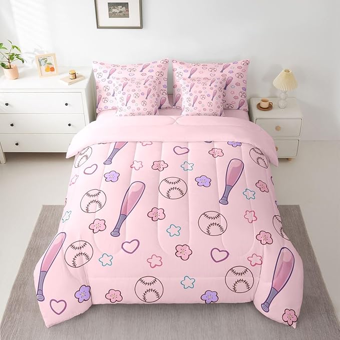 Erosebridal Pink Baseball 7 Piece Comforter Set King | Girly Kawaii Floral Bed in A Bag Athletic Competitive Games Sheet Set Heart-Shaped Pattern Love Fitted Sheet Breathable Lightweight