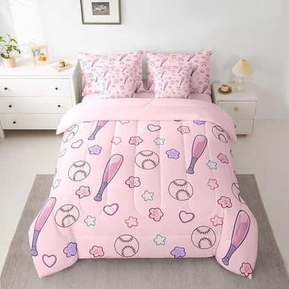Erosebridal Pink Baseball 7 Piece Comforter Set Queen | Girly Kawaii Floral Bed in A Bag Athletic Competitive Games Sheet Set Heart-Shaped Pattern Love Fitted Sheet Breathable Lightweight