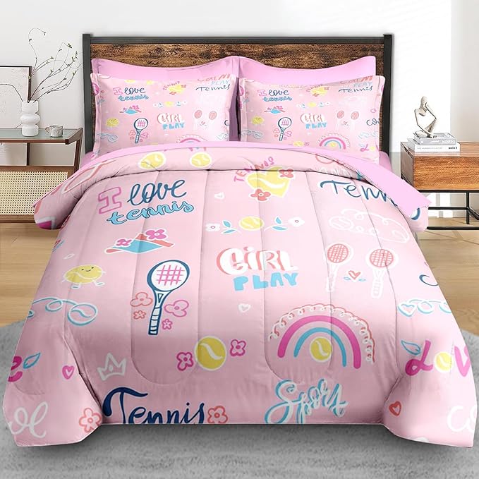 Comforter Set Full Size, Cute Tennis Pink 7 Pcs Bedding for Kids and Adults, Rainbow Ball Flower Bed Sheet Sets with Fitted Sheet 2 Pillowcases & 2 Shams for Bedroom Bed Decor