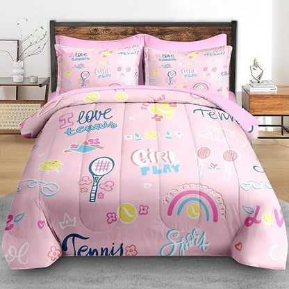 Comforter Set Queen Size, Cute Tennis Pink 7 Pcs Bedding for Kids and Adults, Rainbow Ball Flower Bed Sheet Sets with Fitted Sheet 2 Pillowcases & 2 Shams for Bedroom Bed Decor