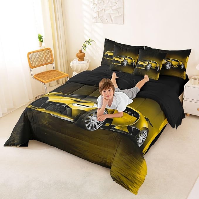 Feelyou Sports Car 7 Piece Bedding Set Yellow Race Car Comforter Set with Sheets for Kids Boys Girls Extreme Sports Bed in a Bag Cool Speed Luxury Car Decor Quilt with 2 Pillowcases King